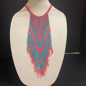 Charming Charlie Blue and Pink Waterfall Seed Bead Necklace